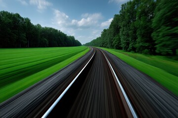 Parallel road with motion blur green forest surroundings and vanishing point perspective expressing dynamic speed depth escape and visual motion design in symmetrical transport concept