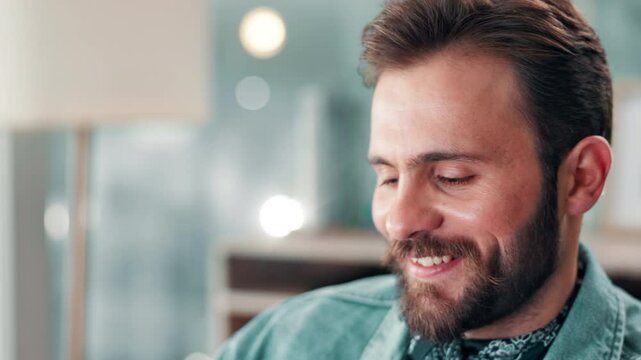 Happy, research and man in office with computer for reading feedback on creative project. Smile, journalism and magazine editor with blog for online publishing review with technology in workplace.