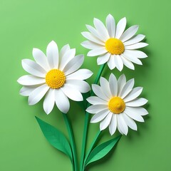 Three Daisy Flowers Crafted from Paper, Set Against a Solid Green Background, Creating a Minimalist and Elegant Still Life Composition.               