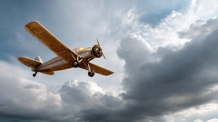 Vintage Airplane Soaring in the Sky: A classic aircraft gracefully maneuvers through the clouds, its propeller spinning against the backdrop of a vast sky, evoking a sense of freedom and adventure.