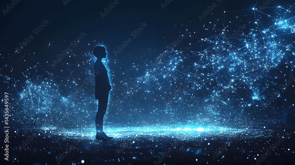Fototapete Silhouetted figure amidst glowing blue particles, connected to an ethereal network of nodes. A captivating abstract representation. Abstract wireframe in dark blue.