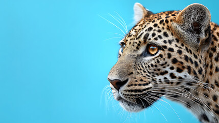 Fototapeta premium Close-up of a leopard's face against a vibrant blue background, showcasing its striking features