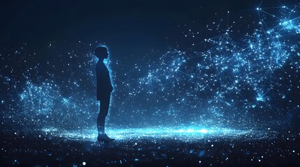 Obraz premium Silhouetted figure amidst glowing blue particles, connected to an ethereal network of nodes. A captivating abstract representation. Abstract wireframe in dark blue.