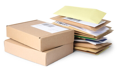 Different paper envelopes and parcels isolated on white. Post office