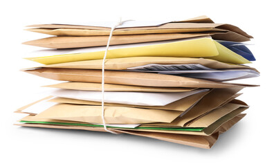 Stack of different paper envelopes isolated on white. Post office