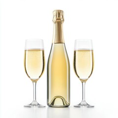 Golden champagne bottle and glasses ready for New Year's toast, isolated on white background, festive elegance