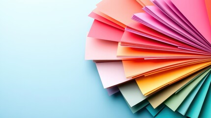 A visually striking representation of color spectrum pulled out into a fanned arrangement on a blue backdrop, showcasing creativity and beauty in simplicity and artistry.