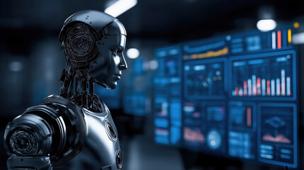 Futuristic robot analyzing data on multiple digital screens in high-tech environment