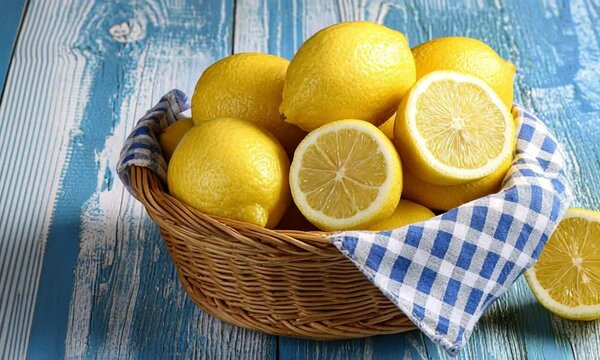 lemons in a bucket on the blue tabel