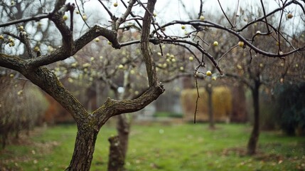 Fototapeta premium Winter orchard scene with bare apple trees and small, unripe fruits on branches.
