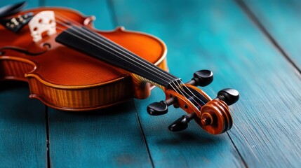 Fototapeta premium A stunning violin is elegantly placed on vibrant blue wooden planks, presenting a striking contrast that emphasizes the instrument's beauty and craftsmanship in an artistic context.