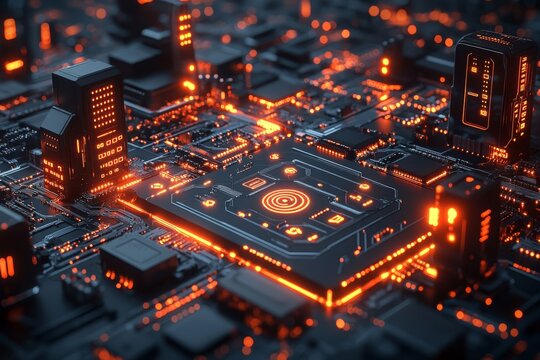 Futuristic city on circuit board, data flow - Powered by Adobe