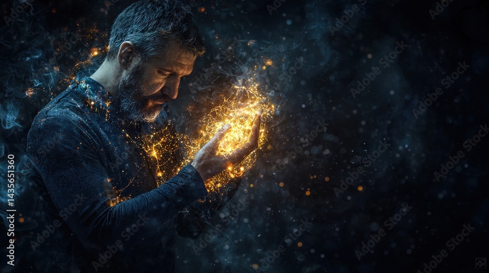 Poster mystical energy creation by a man dark environment digital art intense close-up view magic concept
