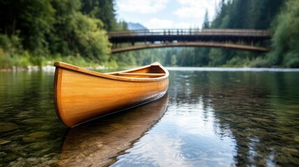 A wooden canoe glides serenely on a calm lake, reflecting the surrounding trees and a rustic bridge in the background, inviting tranquility and adventure in nature.