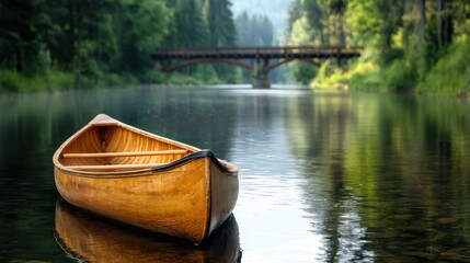 A beautifully crafted wooden canoe waits at the edge of a tranquil lake, perfectly mirrored by the calm waters and dense forest surrounding it, evoking a sense of peace.