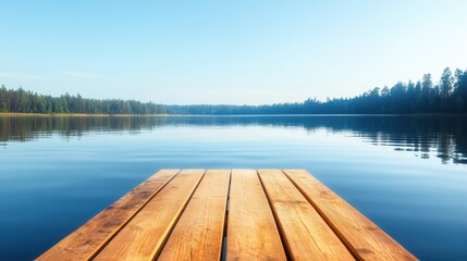Fototapeta premium The image captures a serene wooden dock that juts into a still lake, under a wide expanse of blue sky, representing peace, tranquility, and a connection with nature.