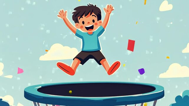 a boy playing on trampoline and jumping