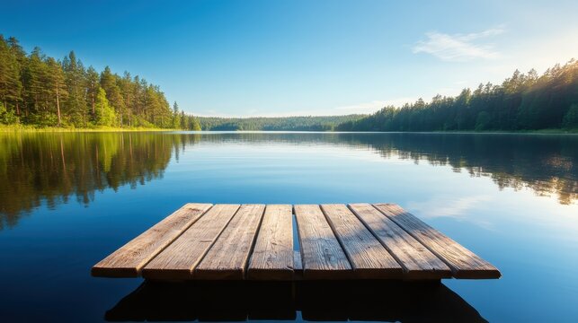 A tranquil summer scene showcasing a wooden dock extending into a calm lake surrounded by lush forest, reflecting the beauty of nature and the clear blue sky above.