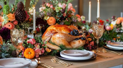 Roasted turkey centerpiece on a Thanksgiving table with floral arrangements, candles, and place settings.
