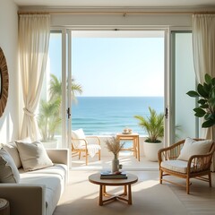 Coastal Living Room with Ocean View and Patio Access in Modern Bright Interior Design, Featuring Neutral Tones and Natural Light                      