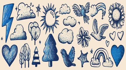 Colorful Childlike Crayon Doodle Pattern with Houses, Trees, Rockets, Animals, and Space Elements on White Background- Adobe Illustrator Artwork