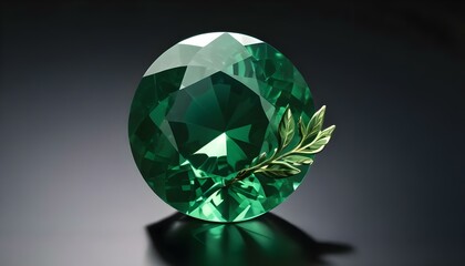 Fototapeta premium A stunning emerald gemstone, highlighted by a delicate golden leaf, on a dark background.