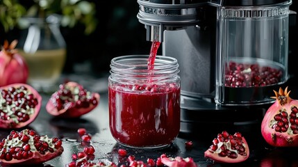 Juicy pomegranate juice extraction kitchen food photography modern setup close-up refreshing nature drink