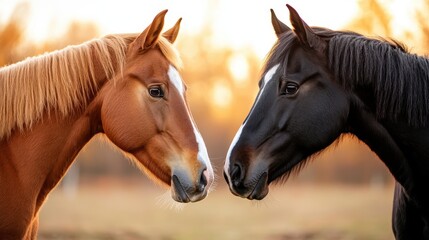 Obraz premium A striking image of two horses, one chestnut and the other black, gazing at each other against a beautiful sunset background in a serene outdoor setting.