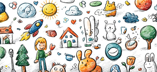 Colorful Childlike Crayon Doodle Pattern with Houses, Trees, Rockets, Animals, and Space Elements on White Background- Adobe Illustrator Artwork