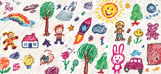 Colorful Childlike Crayon Doodle Pattern with Houses, Trees, Rockets, Animals, and Space Elements on White Background- Adobe Illustrator Artwork