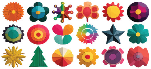Colorful Geometric Flower and Sun Icon Set – Modern Abstract Design on Textured Background- Adobe Illustrator Artwork
