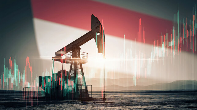 Silhouette of oil pump jack at sunrise with digital financial graph overlay