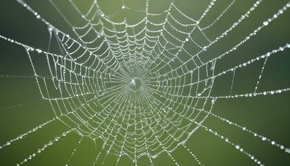 Naklejka premium A stunning close-up shot reveals a spiderweb adorned with glistening water droplets in a lush green setting.