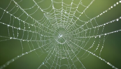 Naklejka premium A close-up of a spider web covered in water droplets against a soft green background.
