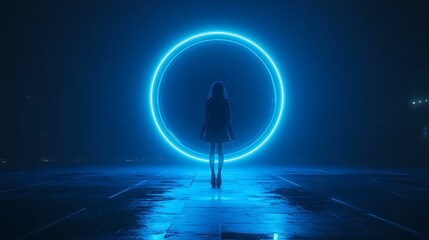 Silhouette figure facing a luminous circular portal.