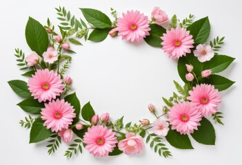 Fototapeta premium The pink flowers and green leaves are arranged in a circle on a white background