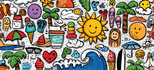Seamless Hand-Drawn Summer Doodle Pattern with Suns, Palm Trees, Waves, Beach Icons, and Bright Cartoon Elements on White Background- Adobe Illustrator Artwork