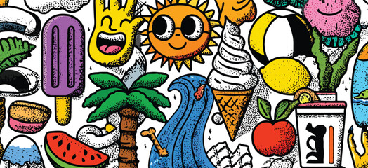 Seamless Hand-Drawn Summer Doodle Pattern with Suns, Palm Trees, Waves, Beach Icons, and Bright Cartoon Elements on White Background- Adobe Illustrator Artwork