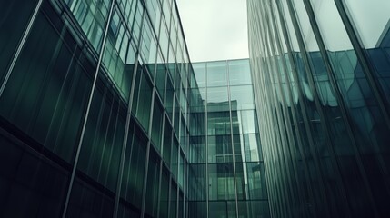 Low-angle view of modern glass buildings reflecting sky.