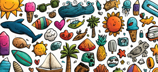 Seamless Hand-Drawn Summer Doodle Pattern with Suns, Palm Trees, Waves, Beach Icons, and Bright Cartoon Elements on White Background- Adobe Illustrator Artwork