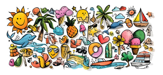 Seamless Hand-Drawn Summer Doodle Pattern with Suns, Palm Trees, Waves, Beach Icons, and Bright Cartoon Elements on White Background- Adobe Illustrator Artwork
