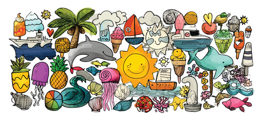 Seamless Hand-Drawn Summer Doodle Pattern with Suns, Palm Trees, Waves, Beach Icons, and Bright Cartoon Elements on White Background- Adobe Illustrator Artwork
