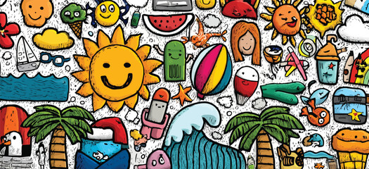 Seamless Hand-Drawn Summer Doodle Pattern with Suns, Palm Trees, Waves, Beach Icons, and Bright Cartoon Elements on White Background- Adobe Illustrator Artwork