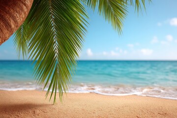 Empty sandy beach under swaying palm leaves with curved shadow on golden sand and turquoise ocean horizon evoking peace minimalism and travel simplicity