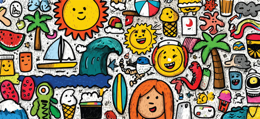 Seamless Hand-Drawn Summer Doodle Pattern with Suns, Palm Trees, Waves, Beach Icons, and Bright Cartoon Elements on White Background- Adobe Illustrator Artwork