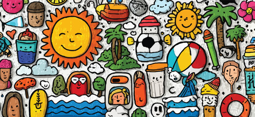 Seamless Hand-Drawn Summer Doodle Pattern with Suns, Palm Trees, Waves, Beach Icons, and Bright Cartoon Elements on White Background- Adobe Illustrator Artwork