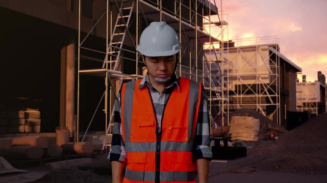 Asian Male Engineer With Safety Helmet Having A Headache While Working At Building & Construction Site in Progress to New House