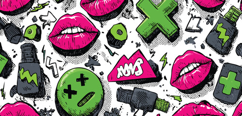 Seamless Y2K Punk Doodle Pattern with Neon Pink Lips, Green Crosses, Barcodes, and Lightning Bolts on White Background- Adobe Illustrator Artwork