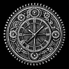 Naklejka premium Clock Face and Gears in Engraved Steampunk Style Black and White