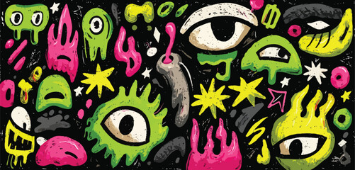 Seamless Y2K Punk Doodle Pattern with Neon Pink Lips, Green Crosses, Barcodes, and Lightning Bolts on White Background- Adobe Illustrator Artwork